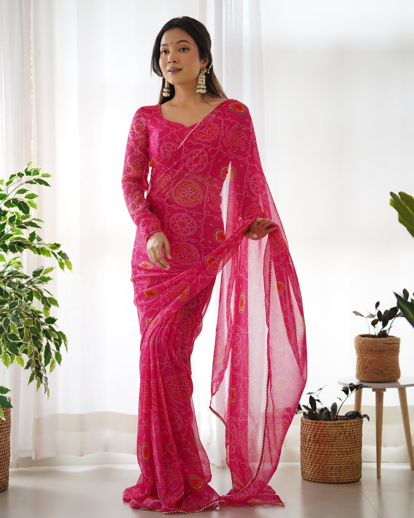 Pink Ready To Wear Predrapped Lightweight Chiffon Fabric Saree