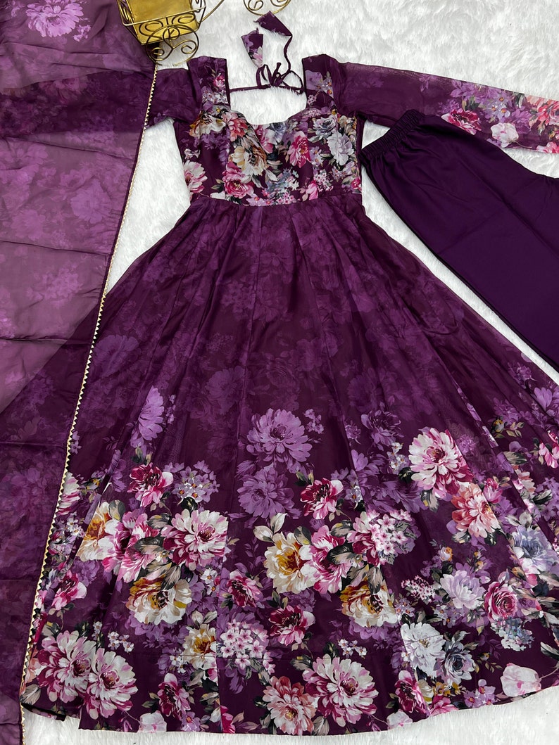 Wine Color Floral Print Organza Three Piece Anarkali Suit