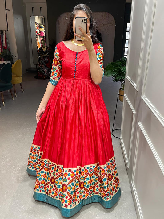 Women's Wear Dola Silk Printed With Foilwork Gown Dress For Women (Red)