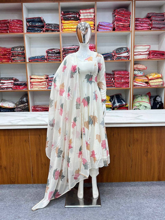White Base Leaf Print Anarkali With Dupatta And Pant White Anarkali Suit White Dress White Gown For Summer Wear Summer Wear Dress White Gown