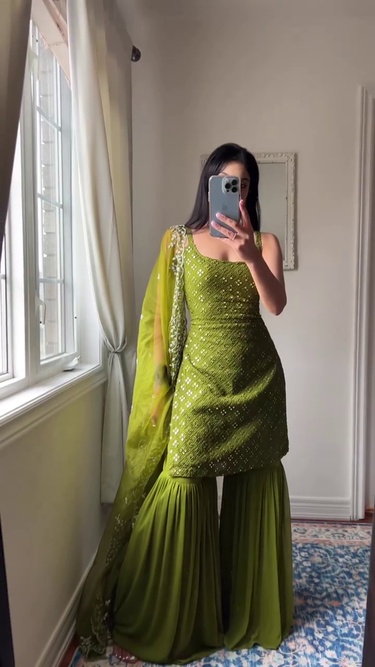 Green Kurti With Sharara And Dupatta Set For Women, Kurta And Kurti Set, Wedding Wear Sharara