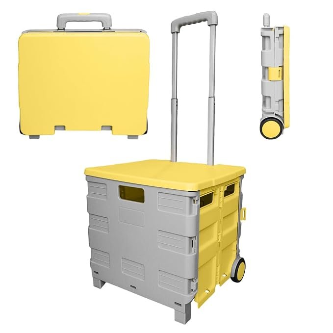 Berry 40KG Foldable Shopping Trolley, Plastic Trolley Cart with 2 Wheels and Lid, Portable Cart with Telescopic Handle, Multipurpose Utility Cart for Shopping, Teacher - Yellow and Grey