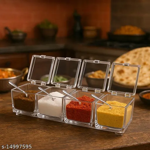 Crystal Plastic Seasoning Acrylic Spice Rack, 4 Pieces Box with 4 Spoons, Kitchen Ware, Masala Container