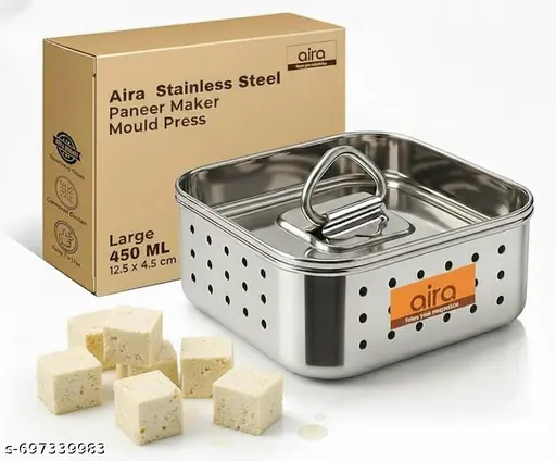 AIRA Stainless Steel Paneer Maker Mould Big Size, Paneer Press with Lid, Tofu Press Mould Maker, Whey Seperator (Square, 450ml Capacity)