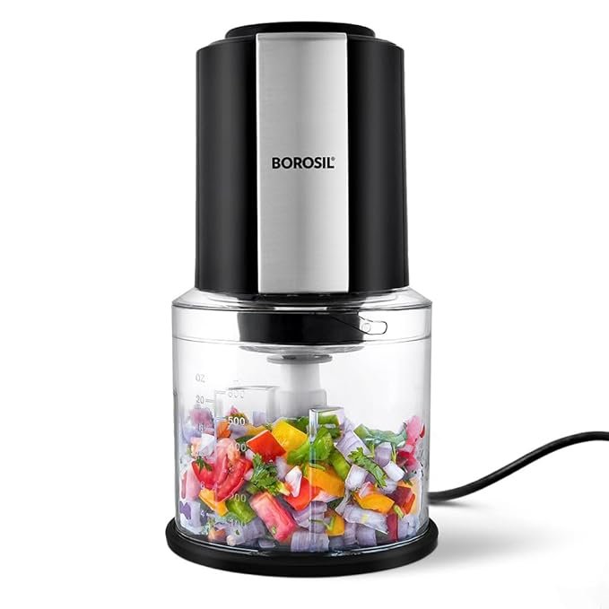 Borosil Chef Delite 300 Watts Electric Chopper for Kitchen, Twin Blade Technology, 600 ml &amp;#039;chop-n-store&amp;#039; plastic bowl with lid, Vegetable Chopper, Cutter, Chop, Mince, Dice, Whisk, Blend, Black