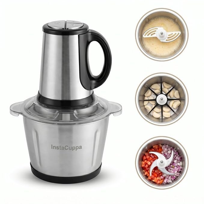 InstaCuppa Electric Chopper for Kitchen Use with 3 Attachments, 2 Litre Stainless Steel Meat Mincer, 300W Vegetable Cutter Machine with Garlic Peeler and Egg Whisker, Carrot Grater for Busy Moms