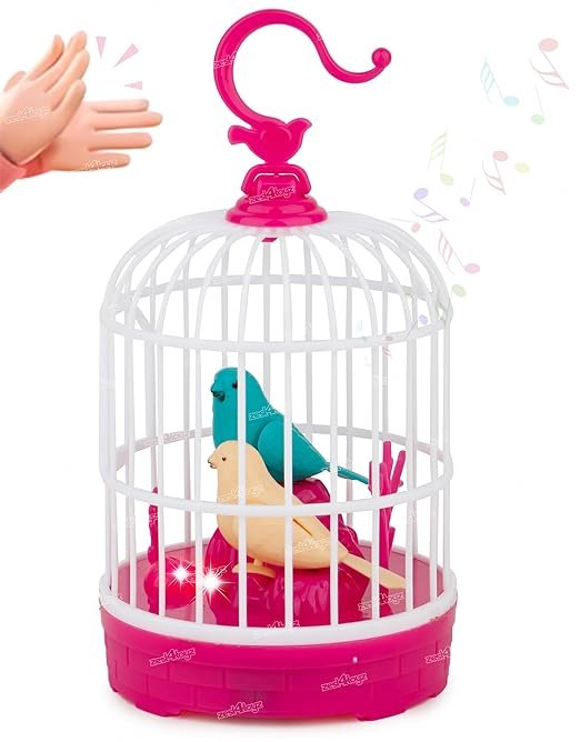 Zest 4 Toyz Singing Moving Chirping Beautiful Bird Pet Toy in Cage, Hanging Cage with Music Singing Moving Chirping for Kids for Home Decor/Living Room/Garden (Multicolour)