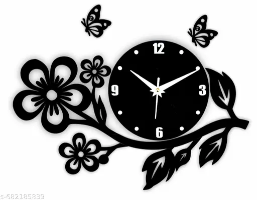 Modern Black MDF Flower Designer Wall Clock for Home Decor