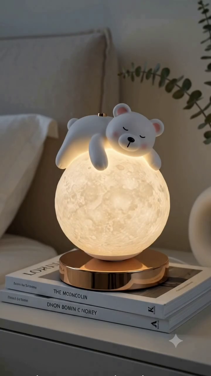 D-Light Studio Moon Pendant Light with Cute Resin Bear | 3D Printed Hanging Lamp for Kids Room