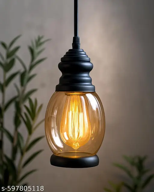 Kalawall Hanging Pendant Light, Black Metal and Glass Shade, Adjustable Cord, Decorative Ceiling Lamp for Living Room, Dining Room, Kitchen, Bedroom, Home Decor, Warm Glow