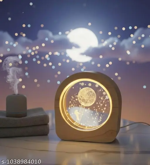 Lunar Semi Circle Wooden LED Night Lamp | Moon &amp;amp; Ladder Design Warm White USB Table Lamp | Decorative Bedside Light for Bedroom, Living Room &amp;amp; Home Decor