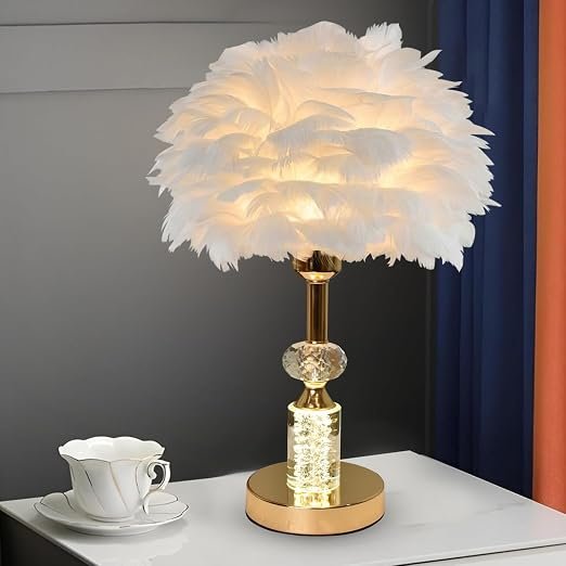 Smartway Silken Feather LED Table Lamp with Crystal in Golden Stem
