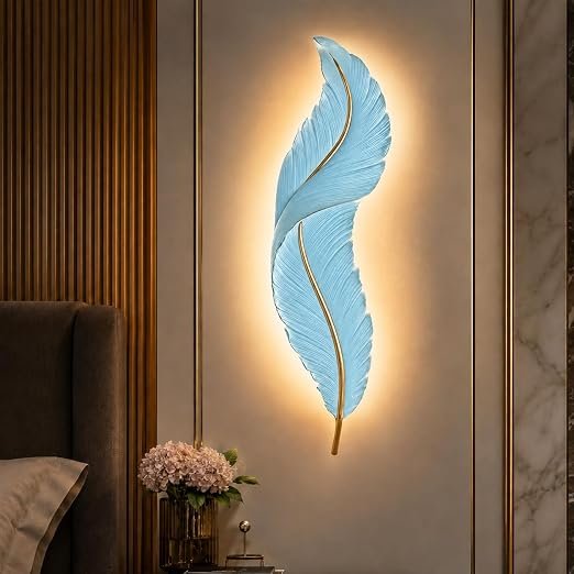 One94Store Luxury Pink Feather LED Wall Sconce (Set of 2) | Modern Resin Decorative Wall Lights with Warm White LED | Indoor Wall Lamps for Bedroom, Living Room, Hallway, Staircase &amp;amp; Home Decor