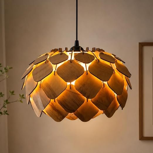 Wood Pinecone Pendant lamp, Wooden Ceiling lamp, Wooden Hanging lamp handicrafted Home decore Chandelier Light (Lotus 2B)